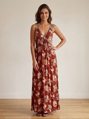 EUC Xhilaration “Boho✌🏻Floral Maxi Dress w/Pockets🤗” Brick🧱 w/Blue💙🩵Trim🎀 Large